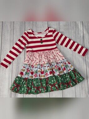 Girls' Red & White Candy Stripe Holiday Tiered Dress